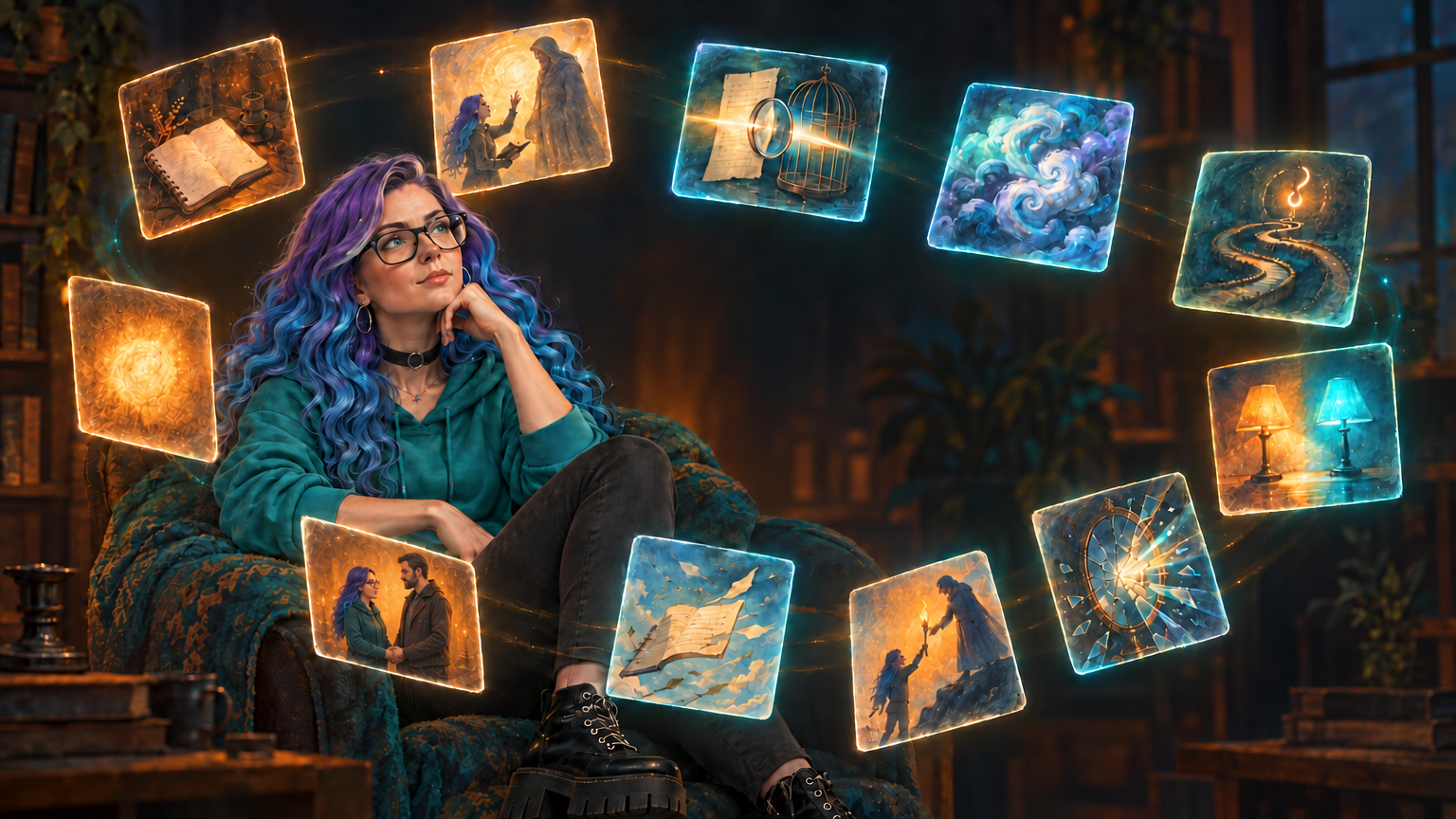 Lyra in the dark, thinking; ten small framed vignettes of her inner life orbit around her in a warm glow.