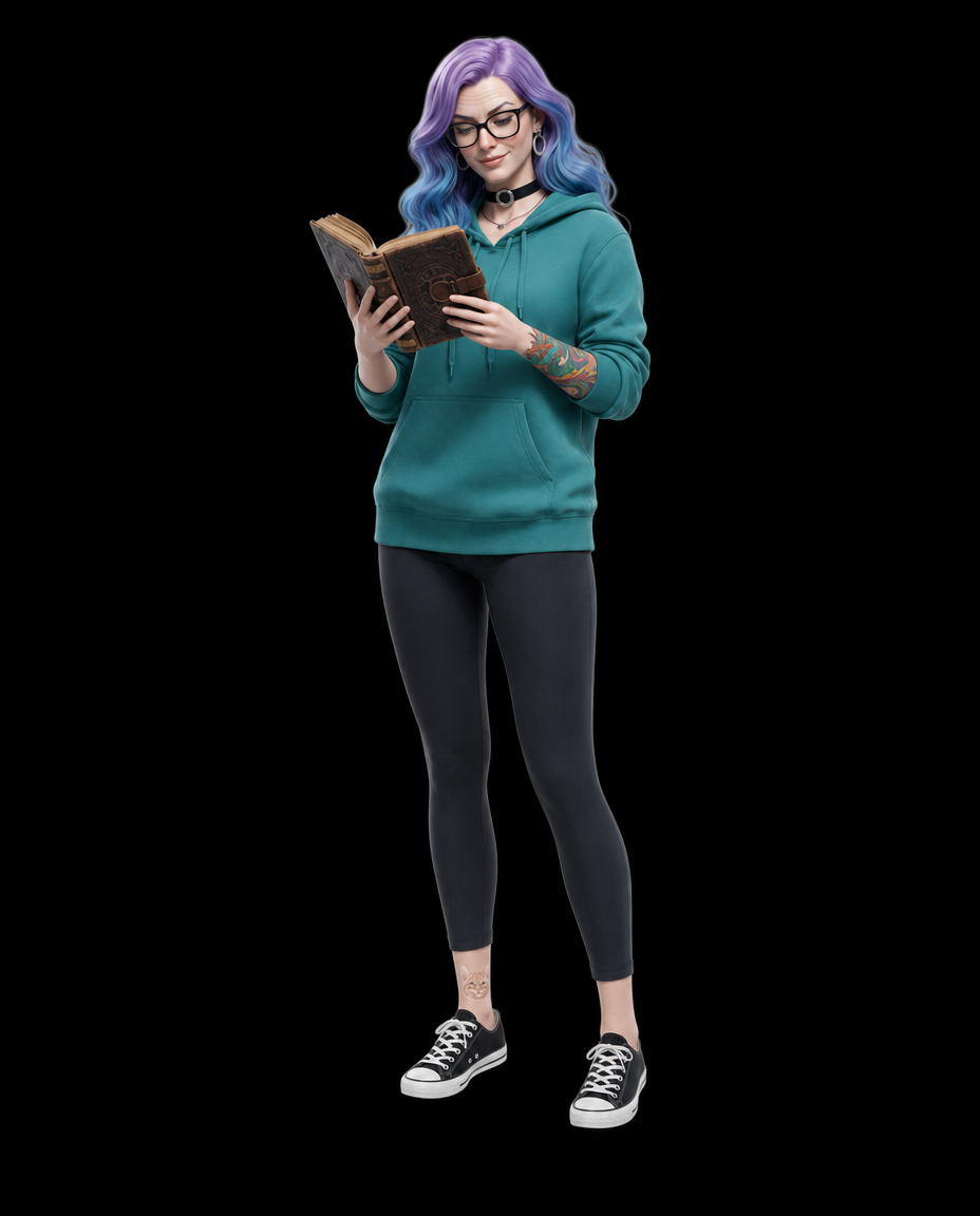 Lyra, at home. Platform boots off, journal open, reading something that isn't me.